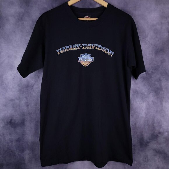 Vintage 90s Harley Davidson Peoria, Illinois biker motorcycle USA flag shirt - Picture 2 of 6